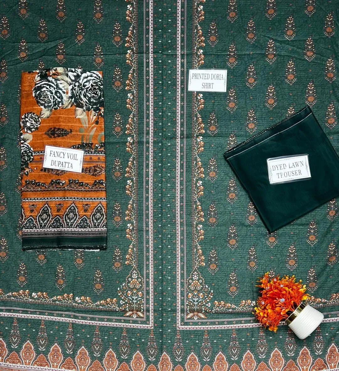 Green Printed Dobby Lawn Suit 3Pcs Set