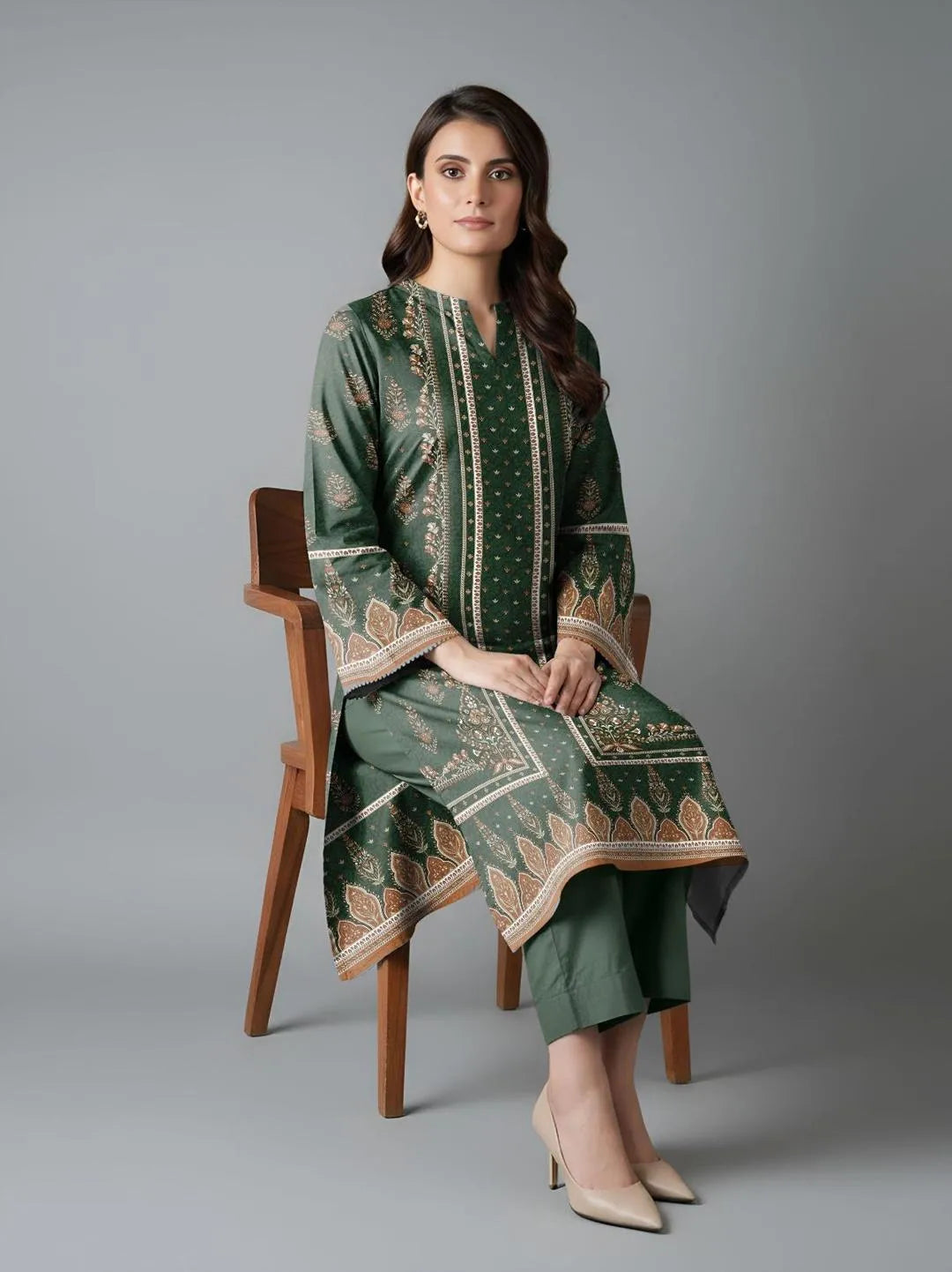 Green Printed Dobby Lawn Suit 3Pcs Set