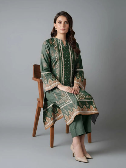 Green Printed Dobby Lawn Suit 3Pcs Set