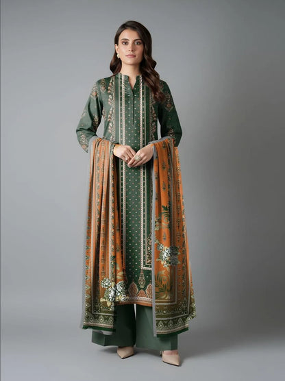 Green Printed Dobby Lawn Suit 3Pcs Set