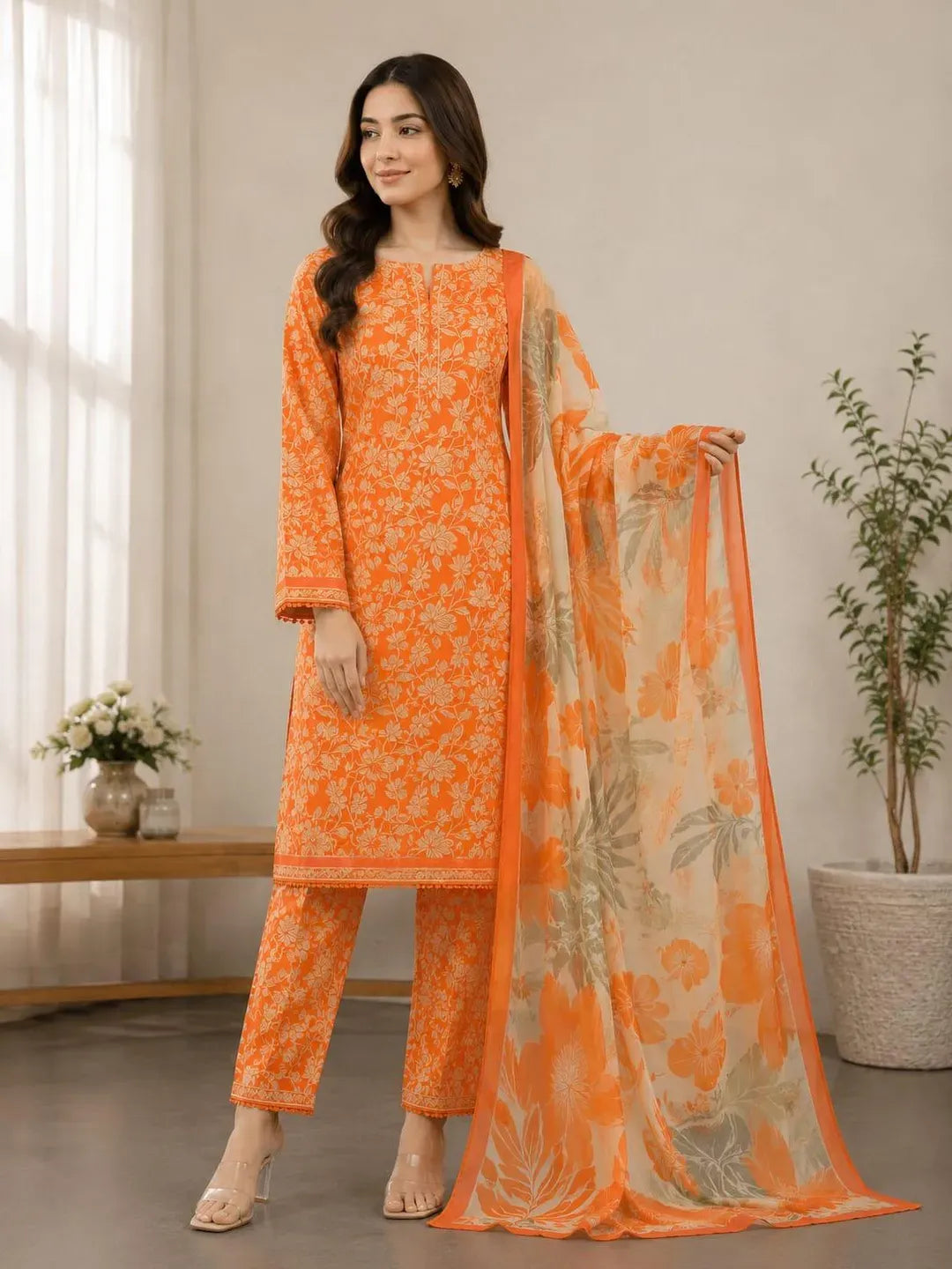 Orange Printed Lawn 3Pcs | Unstiched