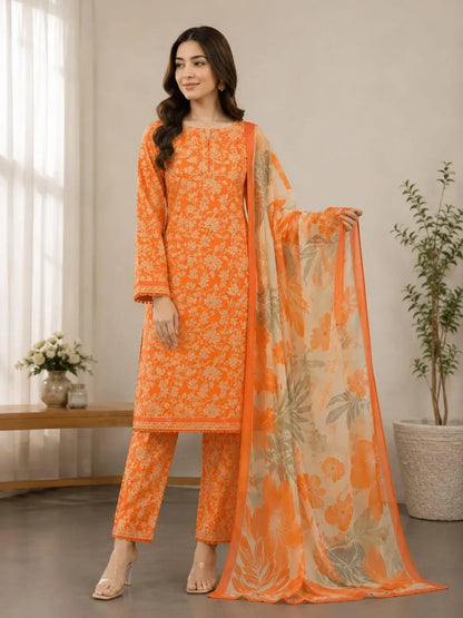 Orange Printed Lawn 3Pcs | Unstiched