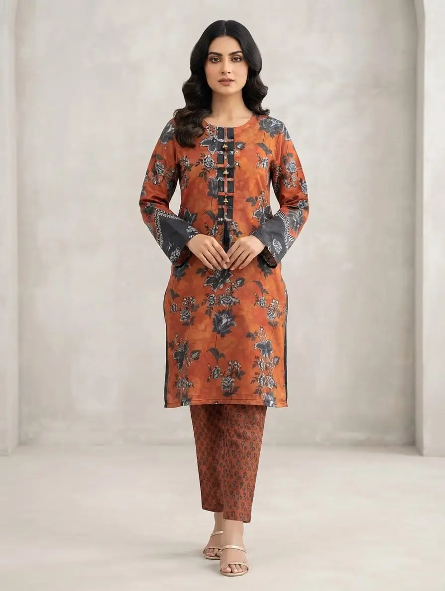 2PC Digital Printed China Silk Stitched Suit for Women – Soft China Silk Shirt & Elastic Trouser | Summer Casual Ready to Wear Dress