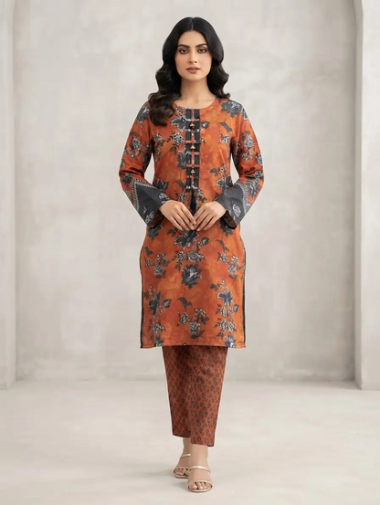 2PC Digital Printed China Silk Stitched Suit for Women – Soft China Silk Shirt & Elastic Trouser | Summer Casual Ready to Wear Dress