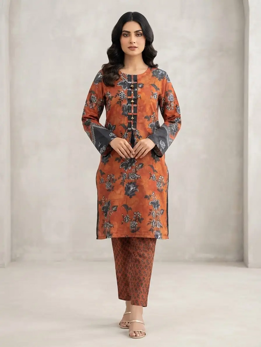 2PC Digital Printed China Silk Stitched Suit for Women – Soft China Silk Shirt & Elastic Trouser | Summer Casual Ready to Wear Dress