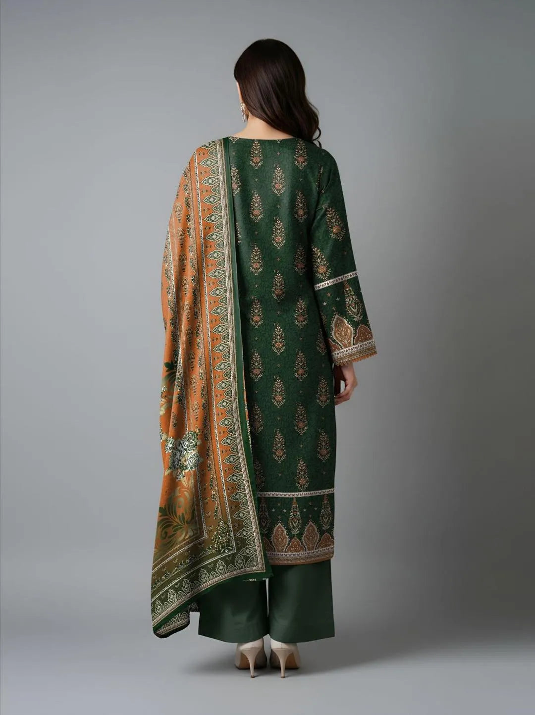 Green Printed Dobby Lawn Suit 3Pcs Set
