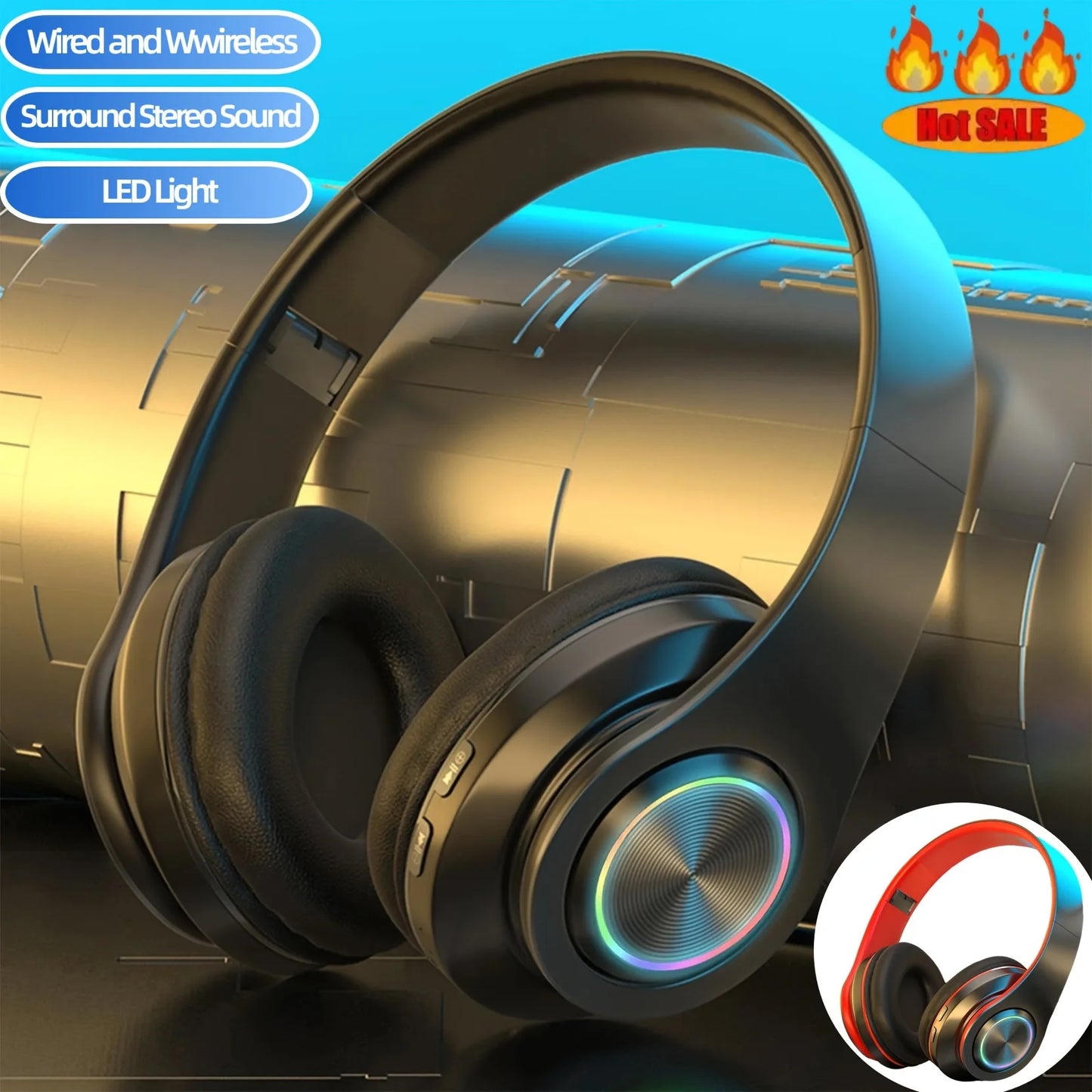 Wireless Over Ear Headphones - Active Noise Canceling, Deep Bass, LED Light, Portable Folding Design for Music, Sports & Games