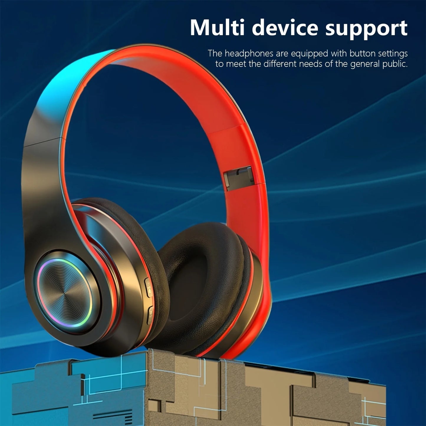 Wireless Over Ear Headphones - Active Noise Canceling, Deep Bass, LED Light, Portable Folding Design for Music, Sports & Games